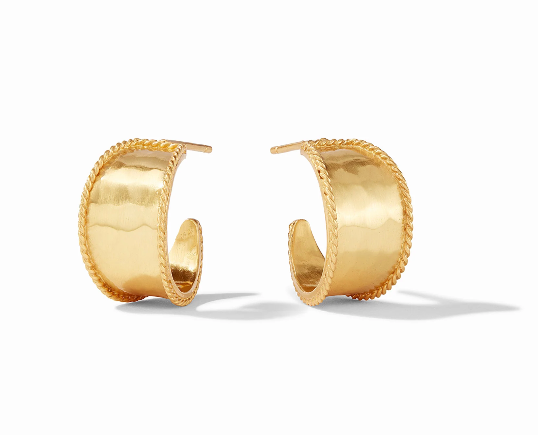 Gold hoop earrings with a hammered texture and rope edge detail