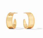 Gold hoop earrings with a wide band and rope textured edges