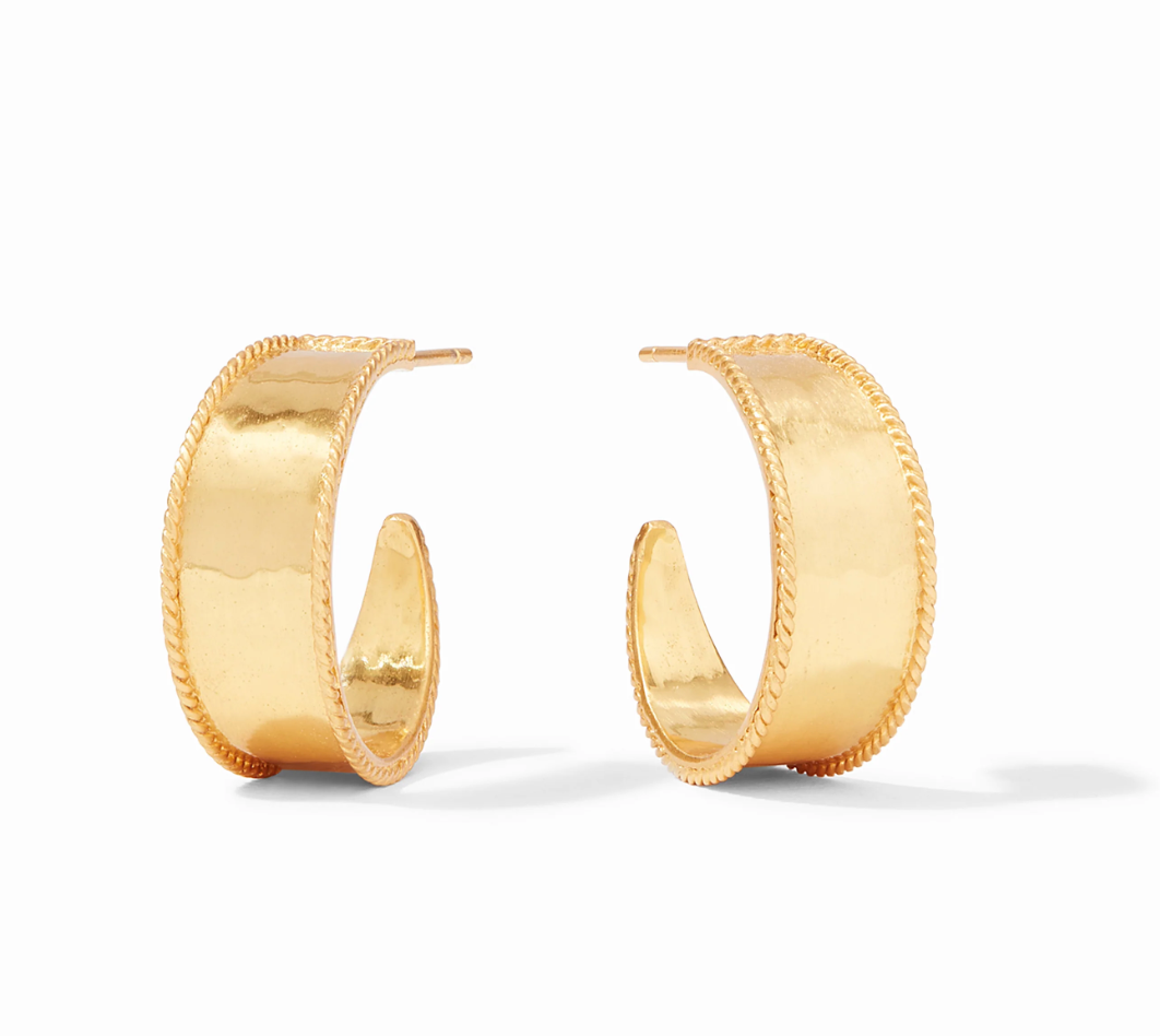 Gold hoop earrings with a wide band and rope textured edges