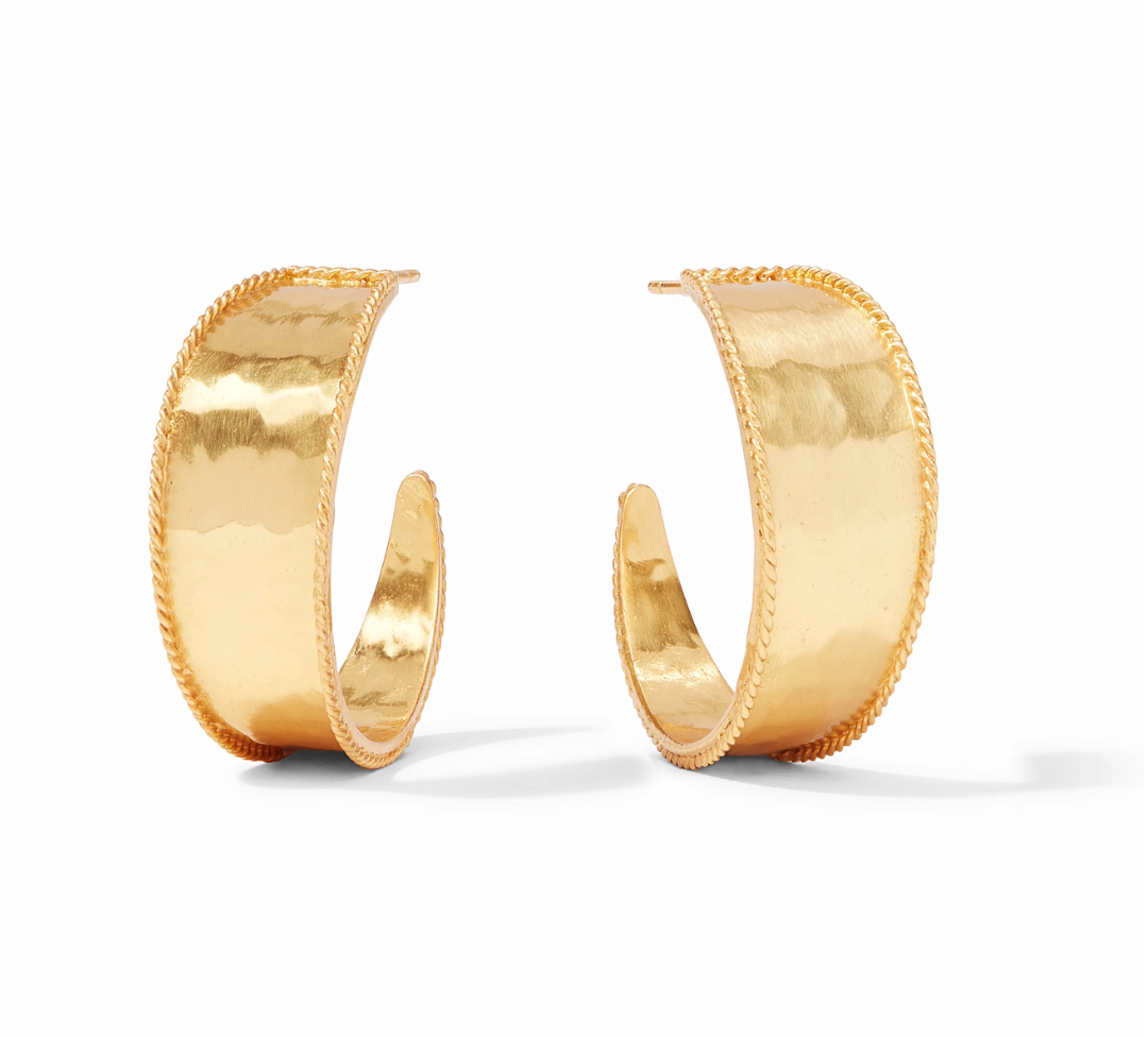 Gold hoop earrings with a hammered texture and rope edge detail