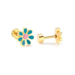 Pair of gold flower stud earrings on a white background displaying teal blue enamel petals, a pink enamel center, and gold screw-back posts with one earring turned to show the back