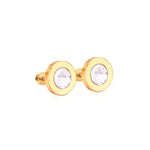 A pair of round gold-plated stud earrings featuring a luminous mother-of-pearl inlay
