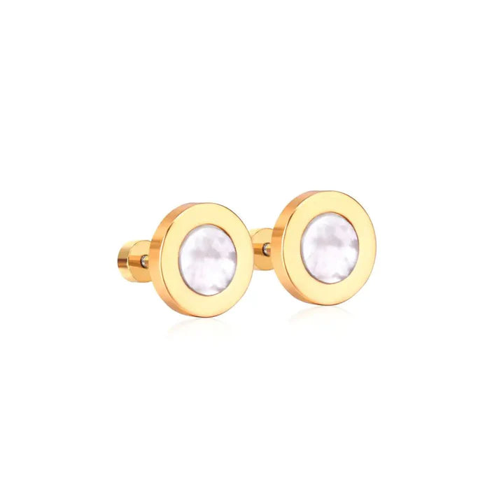 A pair of round gold-plated stud earrings featuring a luminous mother-of-pearl inlay