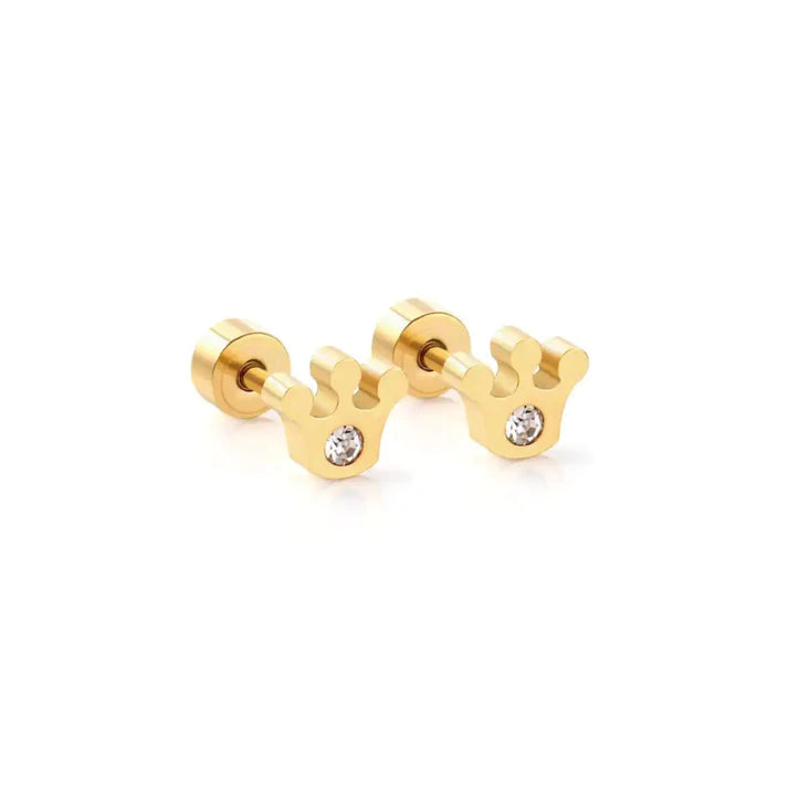 Gold-toned metal pair of crown stud earrings, each intricately designed with a sparkling clear cubic zirconia crystal