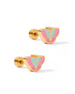 Gold earrings featuring a pair of stud earrings shaped like butterflies with vibrant pink and light blue enamel details on gold-colored metal