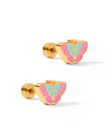 Gold earrings featuring a pair of stud earrings shaped like butterflies with vibrant pink and light blue enamel details on gold-colored metal