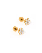 A pair of gold-toned daisy flower stud earrings featuring white enamel petals and clear crystal centers with a flat screw-back design
