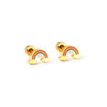 A pair of polished gold stud earrings shaped like rainbows with vibrant red orange yellow and blue enamel stripes above small white clouds