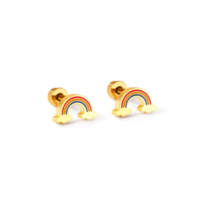 A pair of polished gold stud earrings shaped like rainbows with vibrant red orange yellow and blue enamel stripes above small white clouds