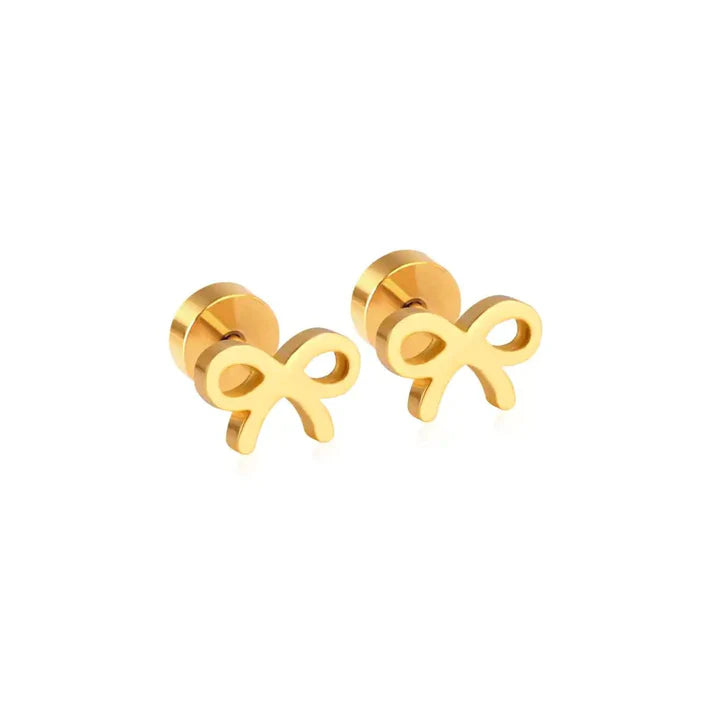 A pair of shiny gold bow stud earrings on a clean white background