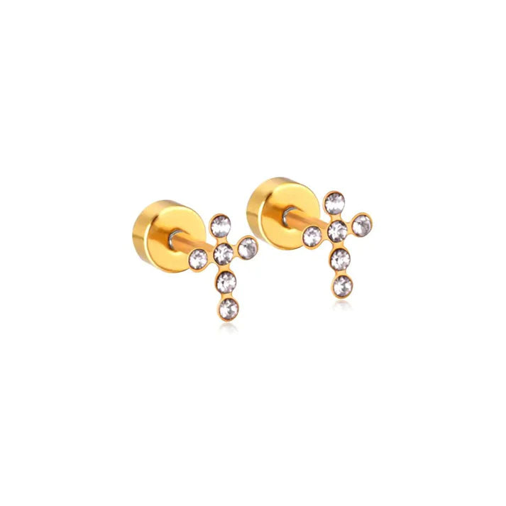 Two shiny gold-colored cross stud earrings, each embellished with five clear round crystal stones, displayed against a clean white backdrop