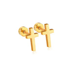 Gold-toned metal cross stud earrings featuring a sleek minimalist design and polished finish against a white background