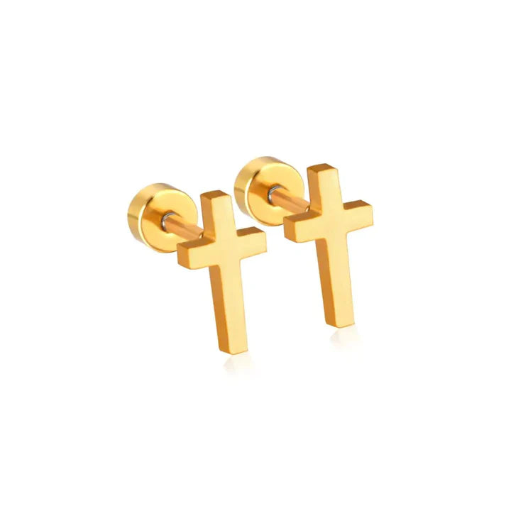 Gold-toned metal cross stud earrings featuring a sleek minimalist design and polished finish against a white background