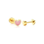 Jewelry gold stud earring with a shimmering pink glitter heart front and a detached flat screw-on back