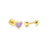 Two gold flat-back stud earrings on a white background one featuring a sparkly lavender heart front and the other a simple cylindrical gold flat back