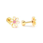 Product photo of gold daisy stud earrings featuring white enamel petals a pink center and a flat screw-back post on a white background