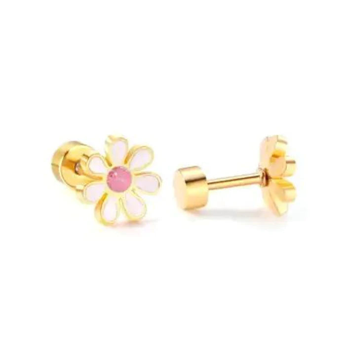 Product photo of gold daisy stud earrings featuring white enamel petals a pink center and a flat screw-back post on a white background