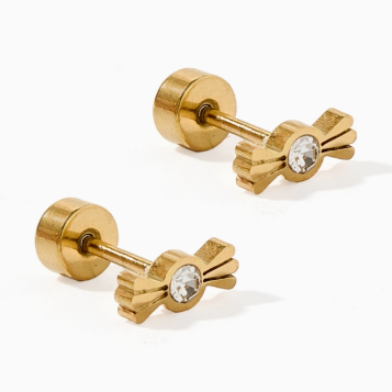 Gold-toned jewelry pair of stud earrings featuring a shiny candy-wrapper design with a central clear rhinestone