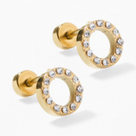 A pair of gold-toned circular stud earrings featuring pave set clear crystal stones