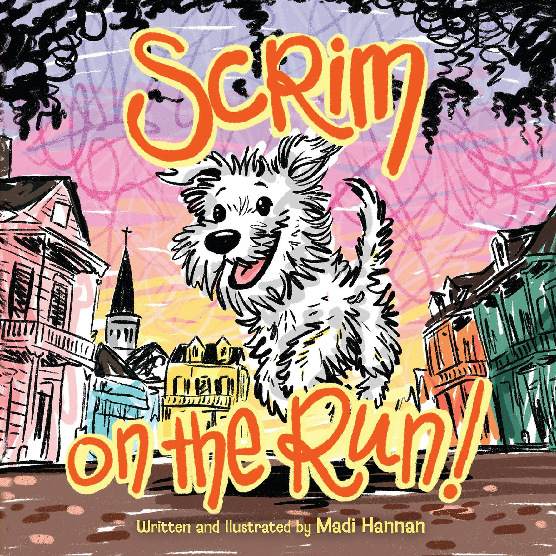 Book cover titled Scrim on the Run featuring a white terrier dog in a city street