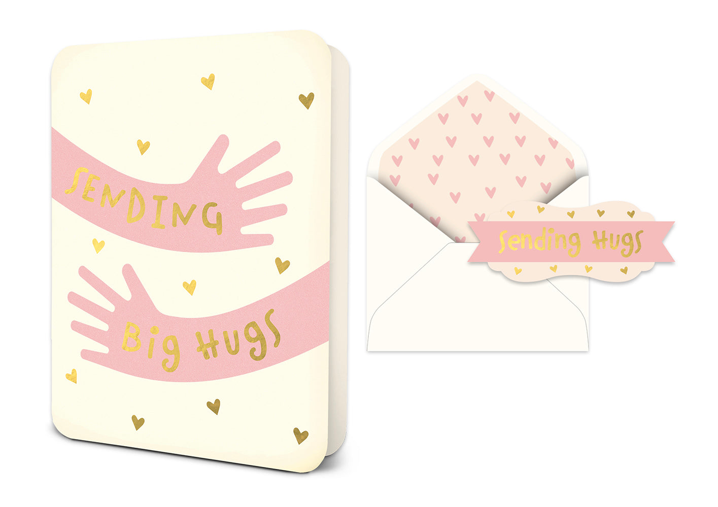Greeting card with pink arms hugging and gold hearts next to an envelope with a heart pattern liner