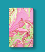 Abstract fluid art featuring vibrant pink and lime green swirls with delicate gold accents on a rounded rectangular surface set against a solid teal background