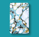 Digital abstract marbled pattern by MJ featuring swirling white cellular shapes, vibrant light blue, deep black, and shimmering gold accents