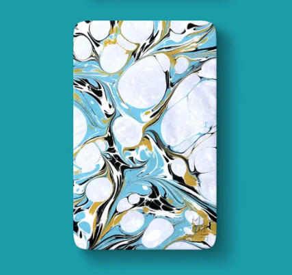 Digital abstract marbled pattern by MJ featuring swirling white cellular shapes, vibrant light blue, deep black, and shimmering gold accents