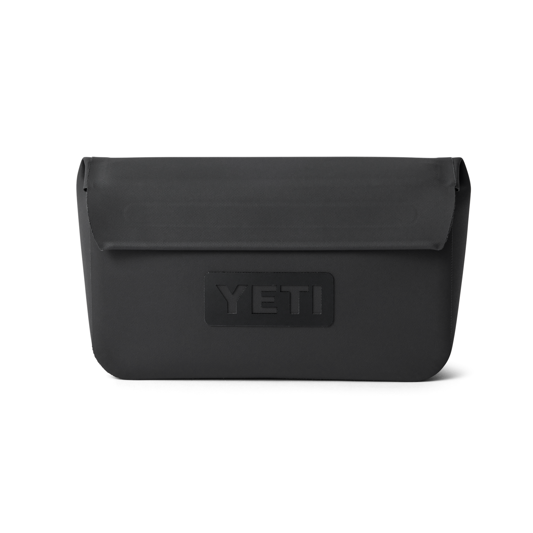 Product photograph by YETI of a black rectangular dry pouch with a top flap closure and a debossed YETI logo on a black studio background