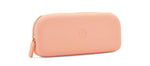 Soft peach silicone rounded pouch with a gold zipper, matching pull, and an embossed 'p' logo on a white background