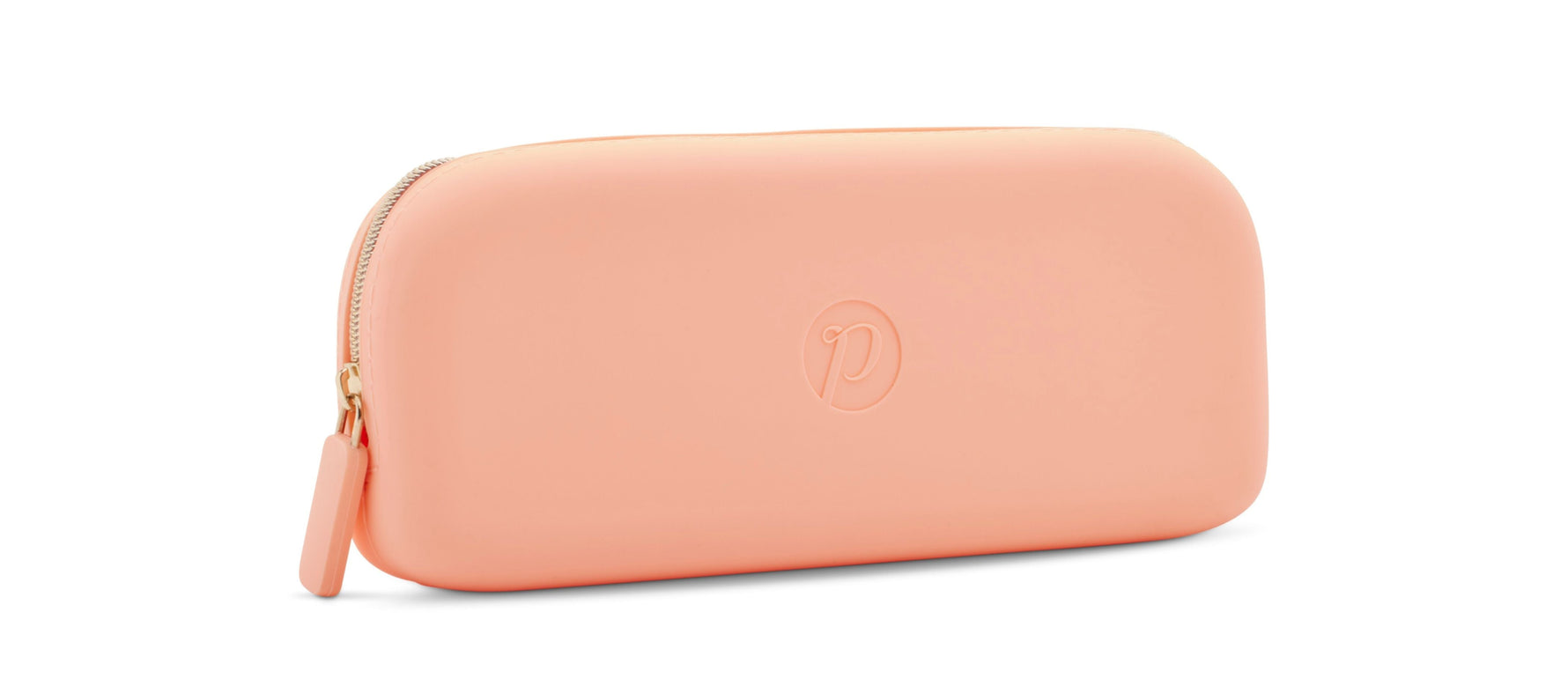 Soft peach silicone rounded pouch with a gold zipper, matching pull, and an embossed 'p' logo on a white background