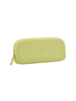 Digital photograph of a smooth light green rectangular silicone pouch featuring a gold zipper pull and a subtle debossed P logo on a white studio background