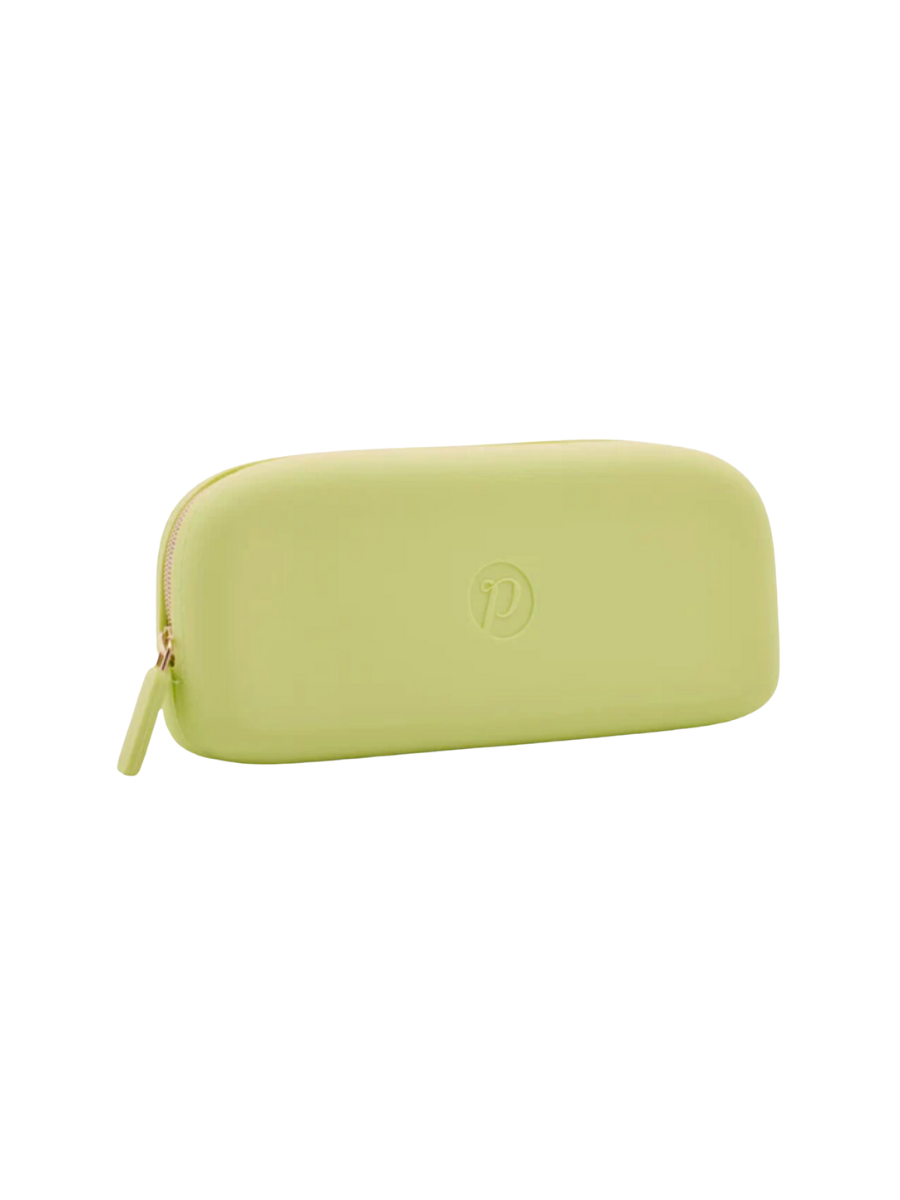 Digital photograph of a smooth light green rectangular silicone pouch featuring a gold zipper pull and a subtle debossed P logo on a white studio background