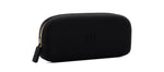 A minimalist matte black zippered case on a white background showcasing a gold-toned zipper with a black pull, subtle top stitching, and an embossed P logo