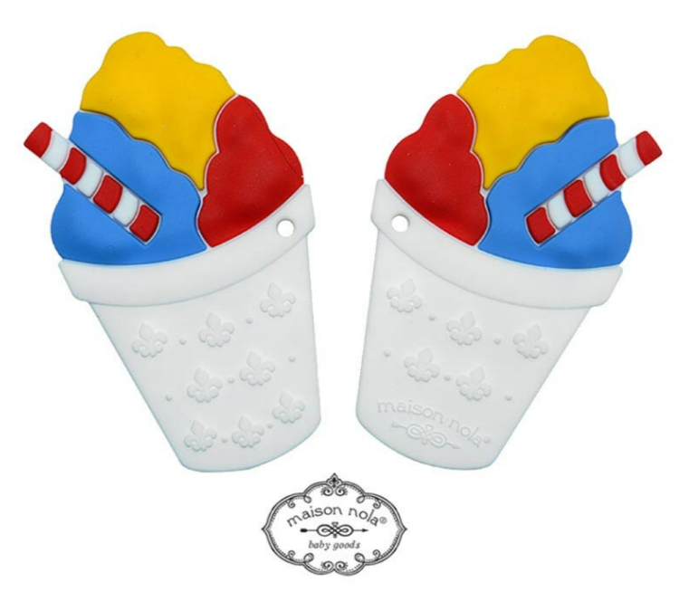 Silicone teethers by maison nola depicting a pair of New Orleans style snow cones with red, yellow, and blue layers, red and white striped straws, and white cups embossed with fleur-de-lis patterns