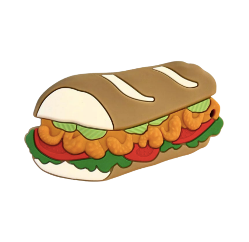 Illustration of a stylized New Orleans shrimp po'boy sandwich featuring golden fried shrimp, crisp green lettuce, and vibrant red tomato slices on a classic brown French bread loaf with white scoring