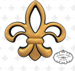 Digital graphic by Maison Nola Baby Goods featuring a vibrant metallic gold and black 3D fleur-de-lis, an iconic symbol of New Orleans, with embossed 'maison nola' text on a subtle grey fleur-de-lis patterned background
