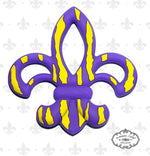 Silicone teether by maison nola shaped like a purple and yellow striped fleur-de-lis, a New Orleans Mardi Gras symbol
