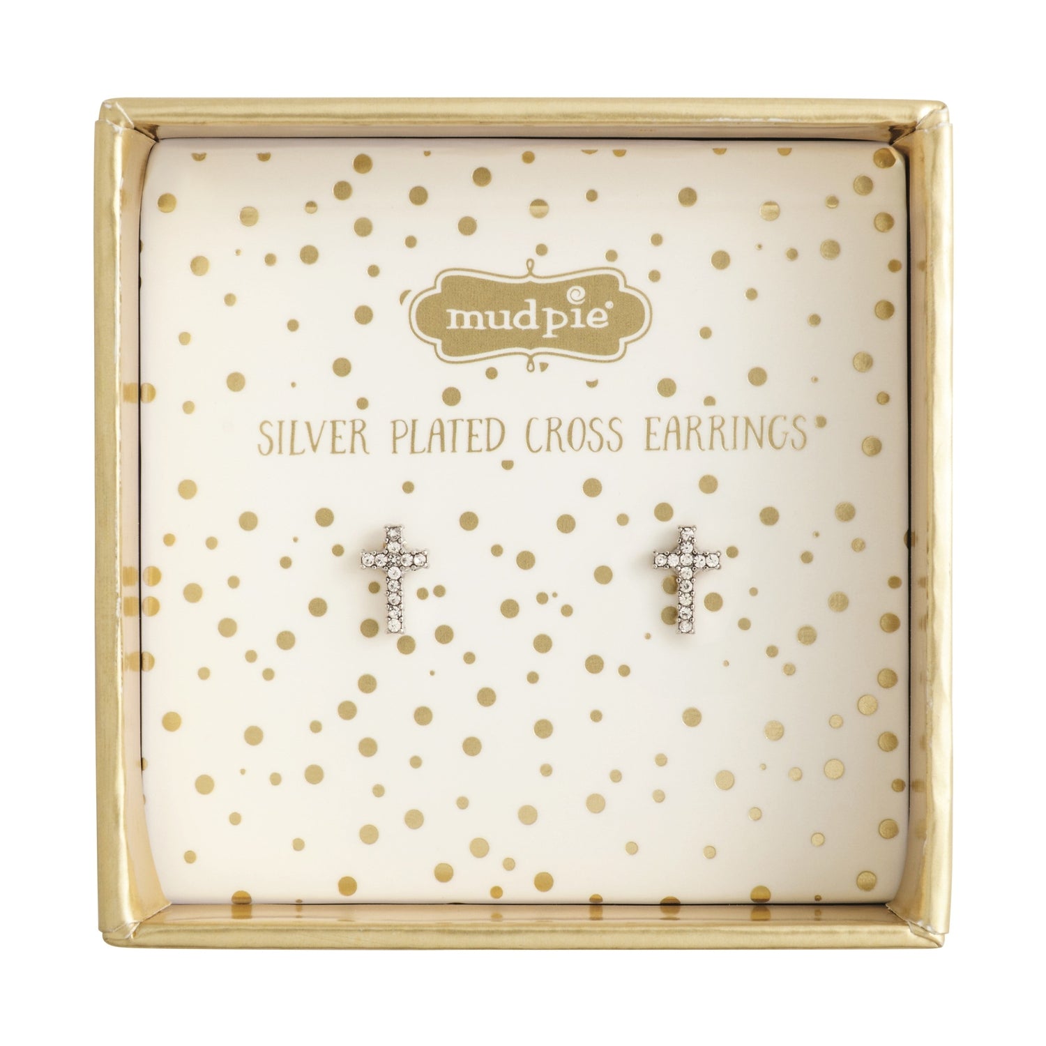 Product photography by Mud Pie showing two silver plated cross earrings encrusted with clear stones presented in a shiny gold-bordered box with a cream interior featuring metallic gold polka dots