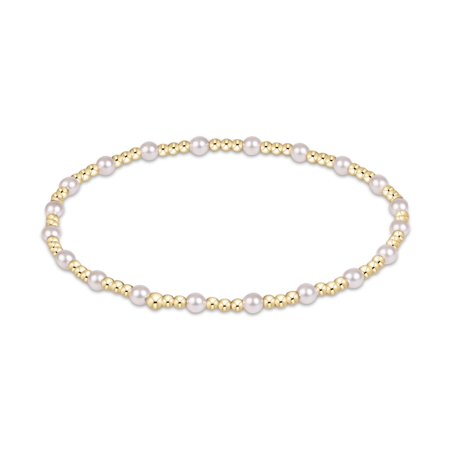 Stretch bracelet with alternating gold beads and white pearls