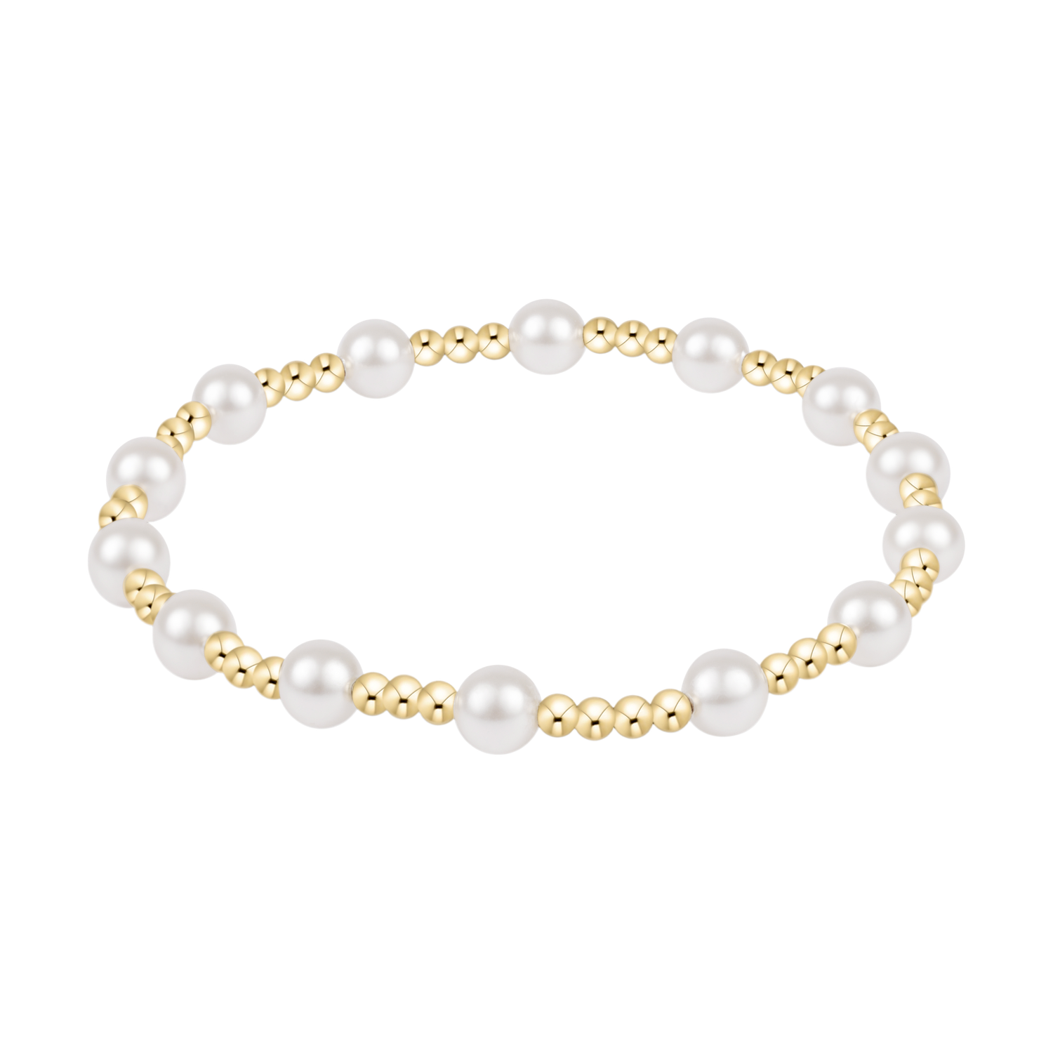 Stretch bracelet featuring alternating gold beads and white pearls