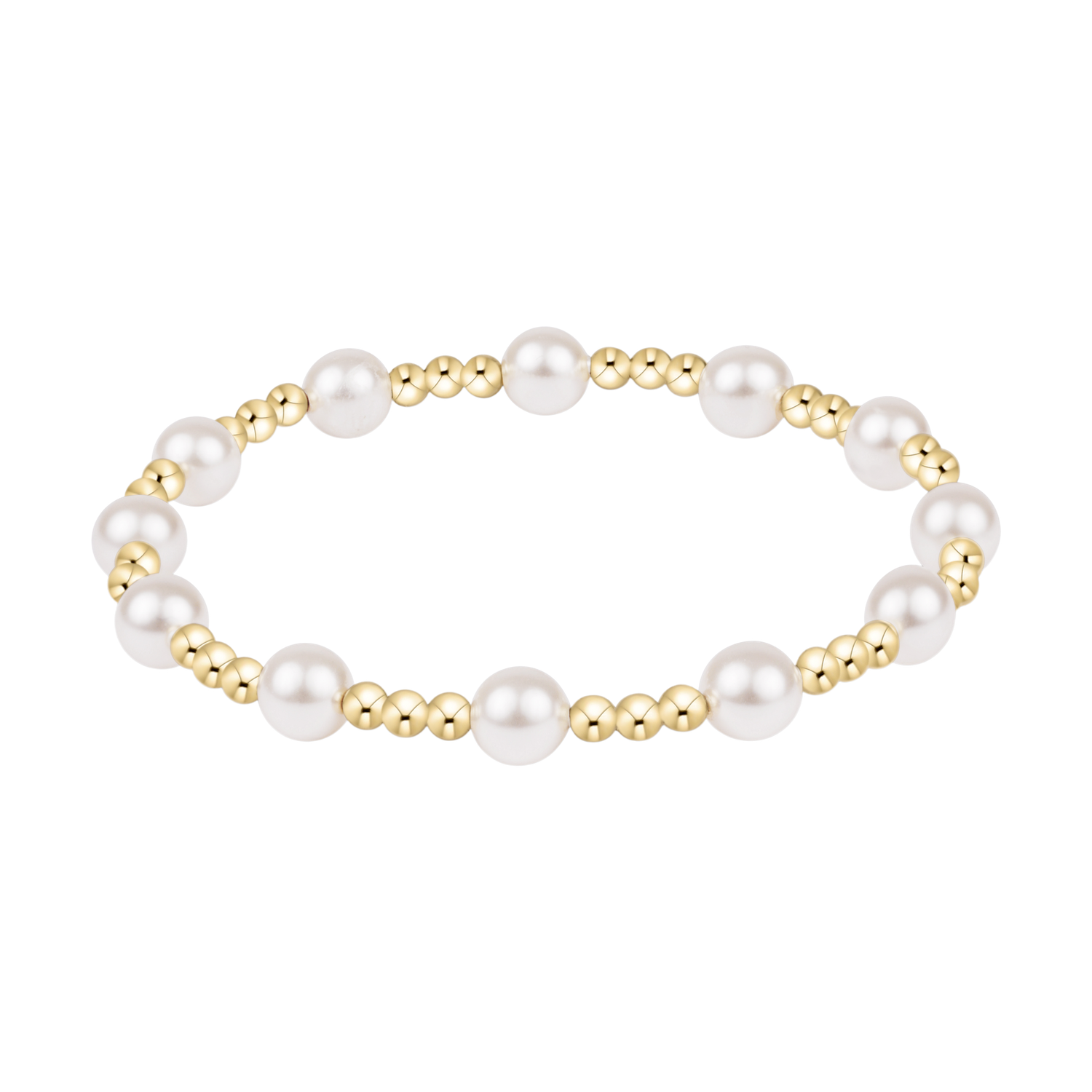 Stretch bracelet featuring alternating gold beads and white pearls