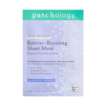 Patchology Skin Remedy Barrier-Boosting Sheet Mask in lavender packaging featuring a green top band with brand logo detailing Ectoin Ceramides Probiotics and a Fragrance Free label