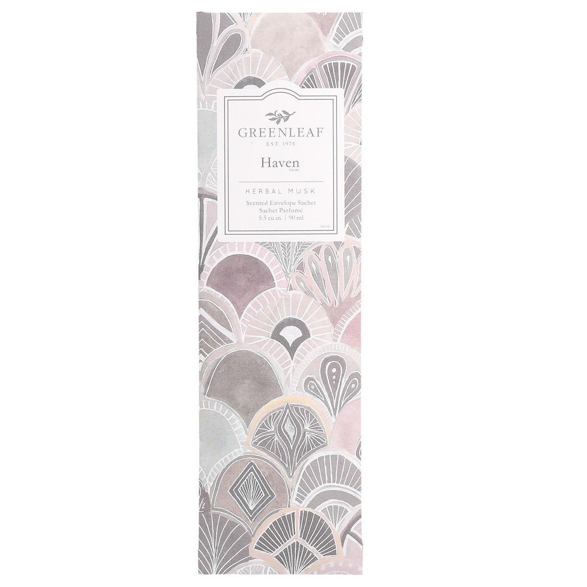 Greenleaf Haven herbal musk scented envelope sachet with abstract fan pattern