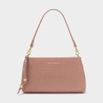 Product image by Katie Loxton of a muted rose gold vegan leather handbag featuring a woven texture, gold-tone hardware, and embossed KATIE LOXTON branding
