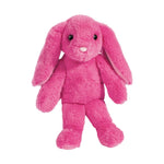 A vibrant pink fuzzy bunny plush toy with long floppy ears small black eyes and a light pink nose