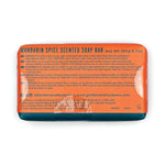 Photograph of a Gentlemen's Hardware Mandarin Spice Scented Soap Bar in vibrant orange packaging with a dark teal bottom, displaying "Net Wt 190g 6.7oz" and multilingual warnings