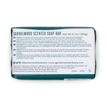 Product photo of a Gentlemen's Hardware Sandalwood Scented Soap Bar in dark teal and white packaging displaying its 6.7oz 190g net weight and multilingual details including Made in China