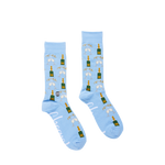 Light blue crew socks with champagne bottle and glass pattern