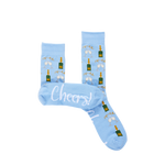 Light blue socks with champagne bottle and glass pattern and Cheers text on the sole